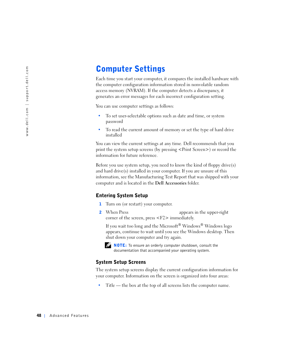 Computer settings | Dell OptiPlex GX240 User Manual | Page 50 / 298