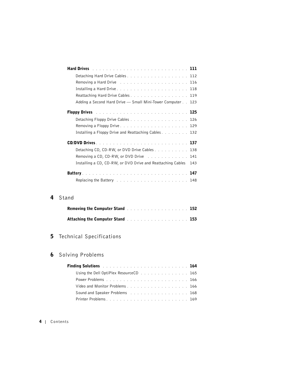 4 stand, 5 technical specifications 6 solving problems | Dell OptiPlex GX240 User Manual | Page 6 / 298