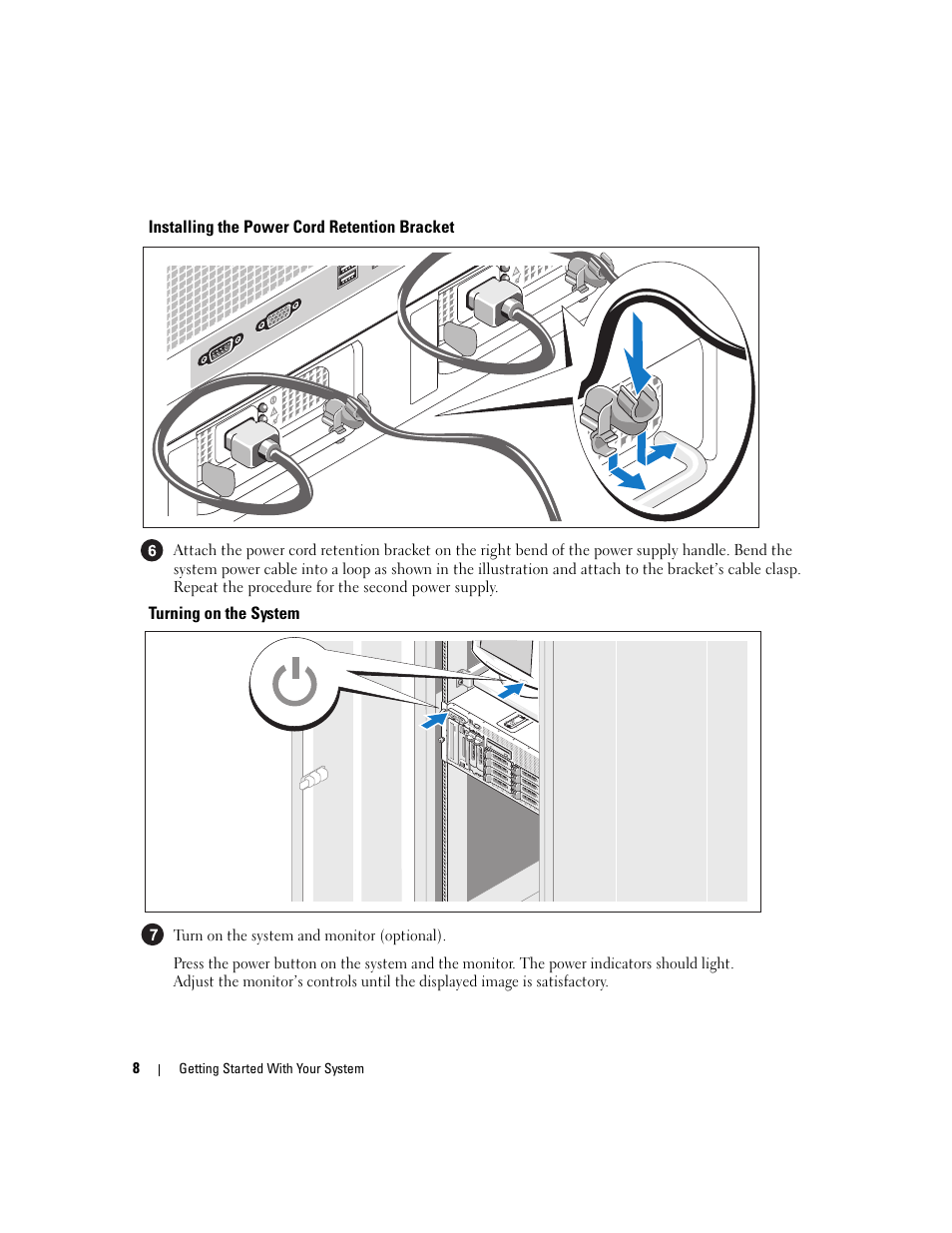 Installing the power cord retention bracket, Turning on the system | Dell PowerEdge 2900 User Manual | Page 10 / 116