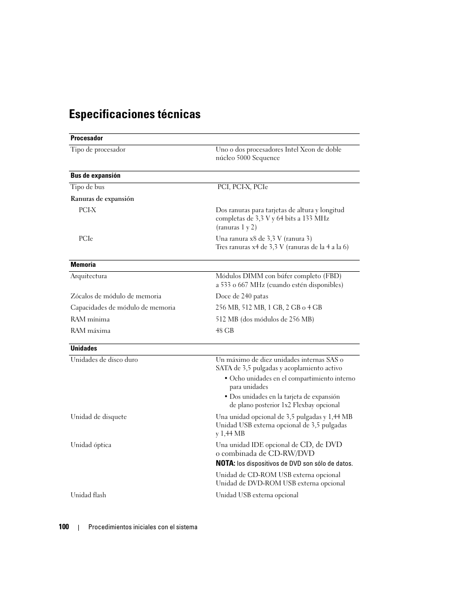 Especificaciones técnicas | Dell PowerEdge 2900 User Manual | Page 102 / 116