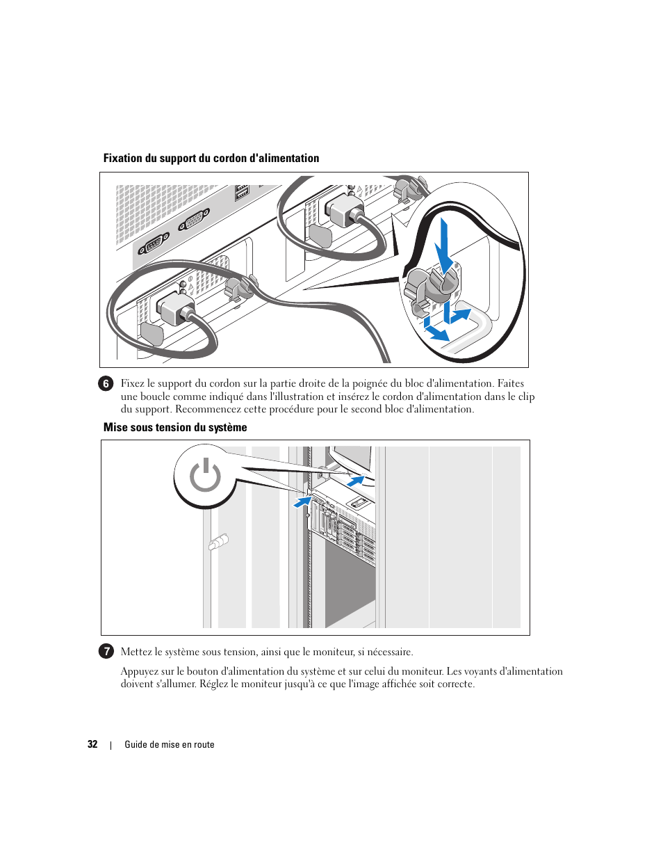 Fixation du support du cordon d'alimentation, Mise sous tension du système | Dell PowerEdge 2900 User Manual | Page 34 / 116