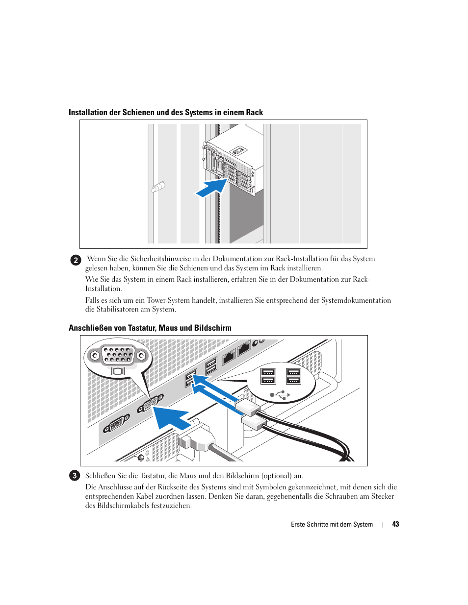 Anschließen von tastatur, maus und bildschirm | Dell PowerEdge 2900 User Manual | Page 45 / 116