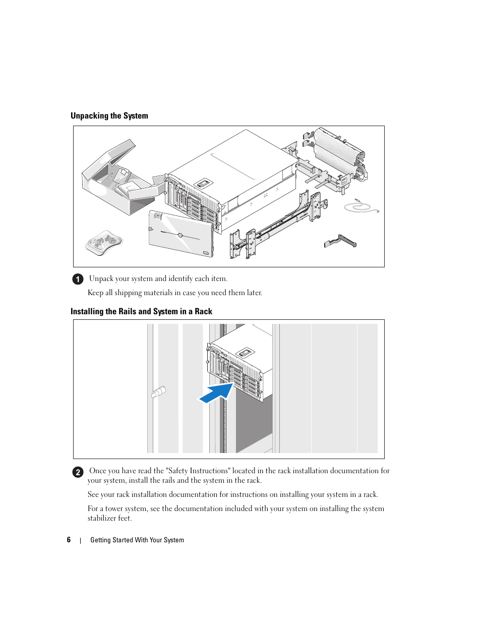 Unpacking the system, Installing the rails and system in a rack | Dell PowerEdge 2900 User Manual | Page 8 / 116