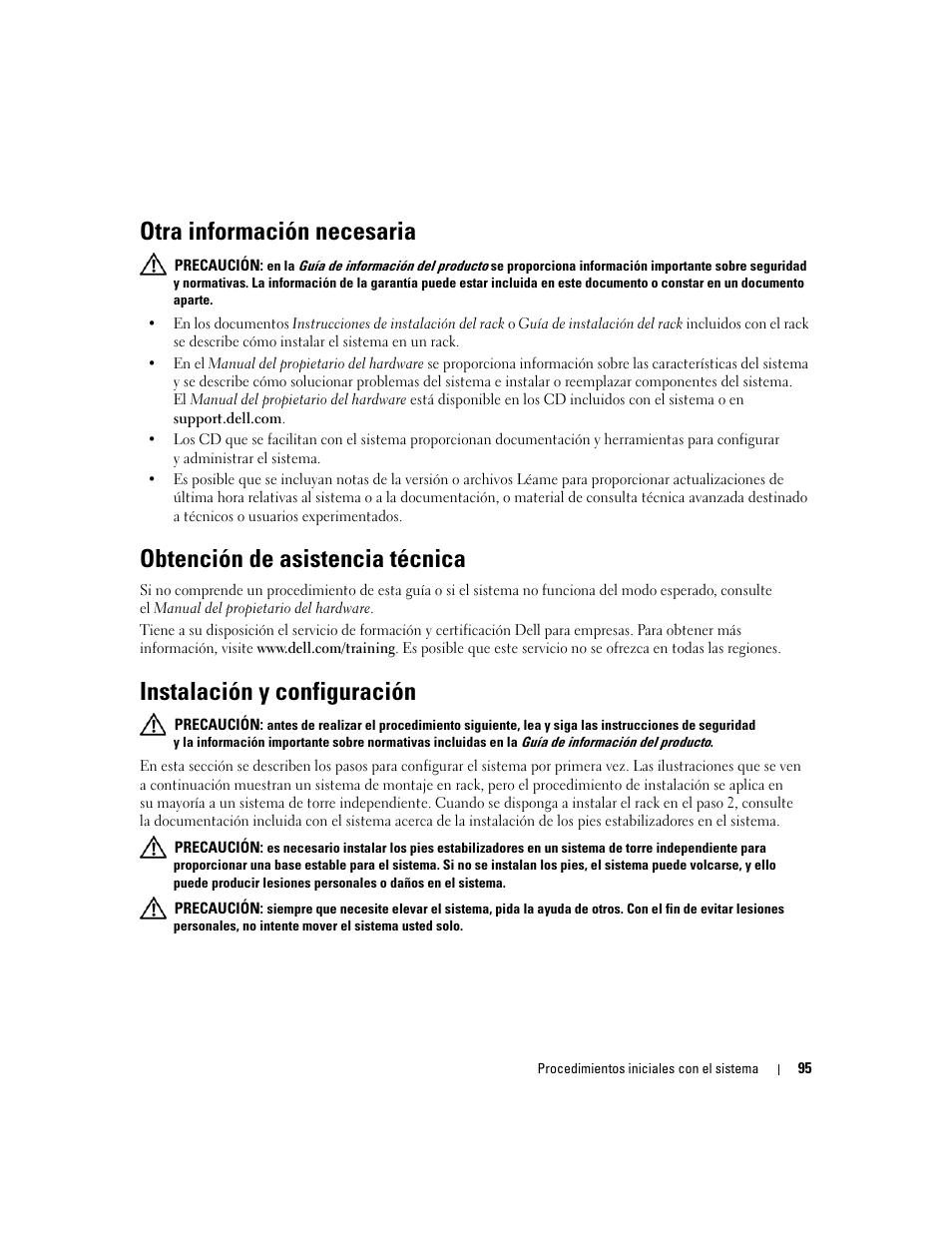 Otra información necesaria, Obtención de asistencia técnica, Instalación y configuración | Dell PowerEdge 2900 User Manual | Page 97 / 116