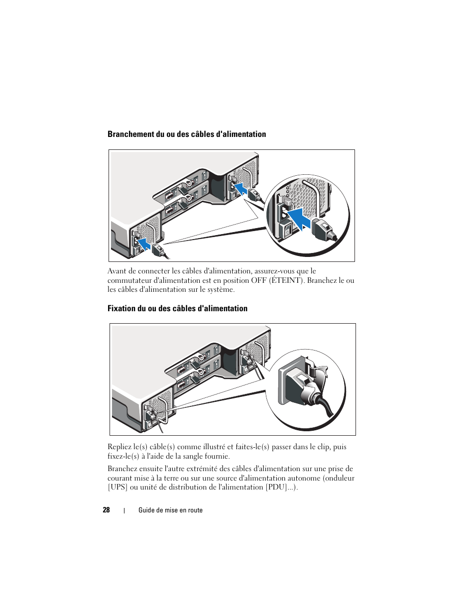 Branchement du ou des câbles d'alimentation, Fixation du ou des câbles d'alimentation | Dell PowerVault MD1200 User Manual | Page 30 / 124