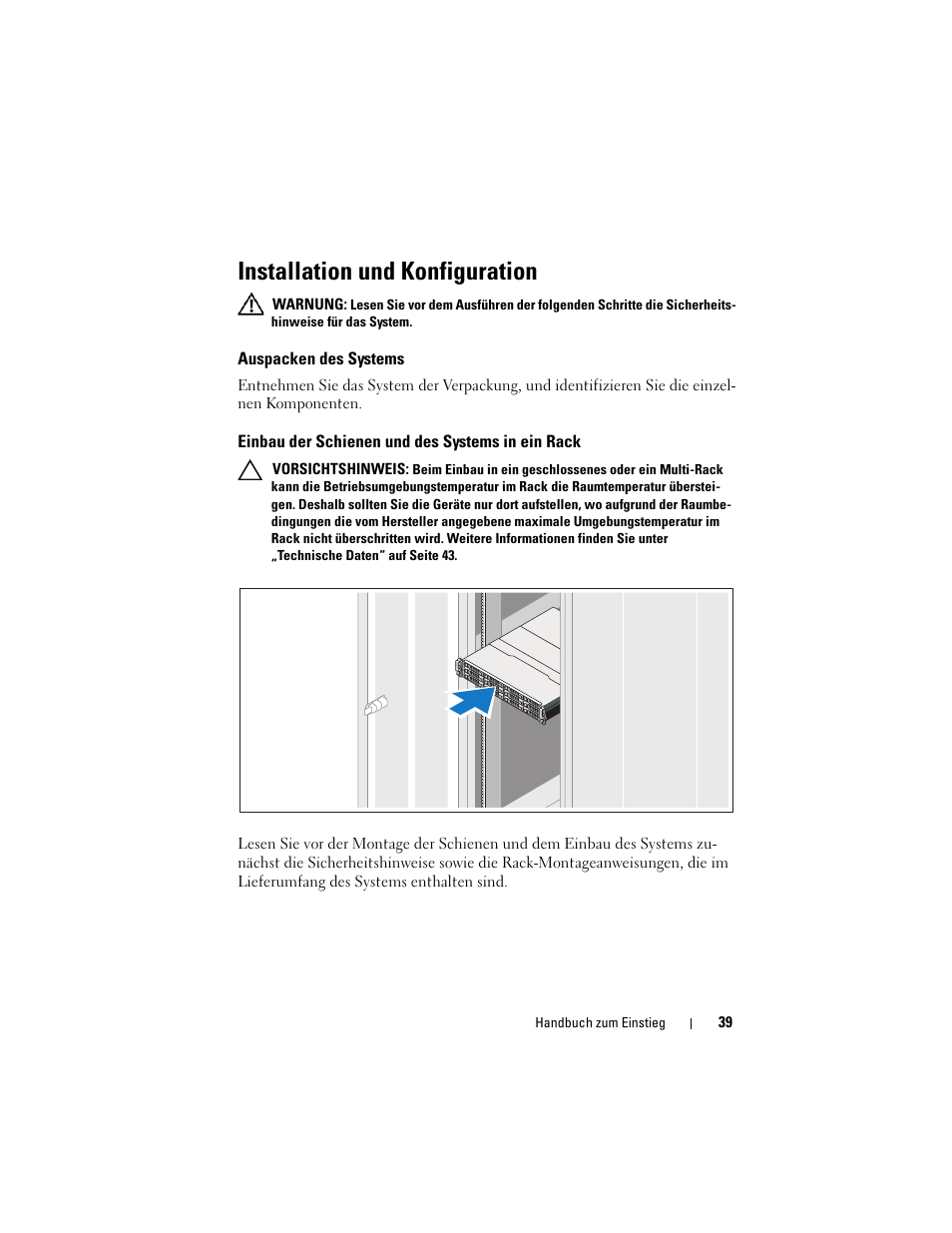 Installation und konfiguration, Auspacken des systems, Einbau der schienen und des systems in ein rack | Dell PowerVault MD1200 User Manual | Page 41 / 124