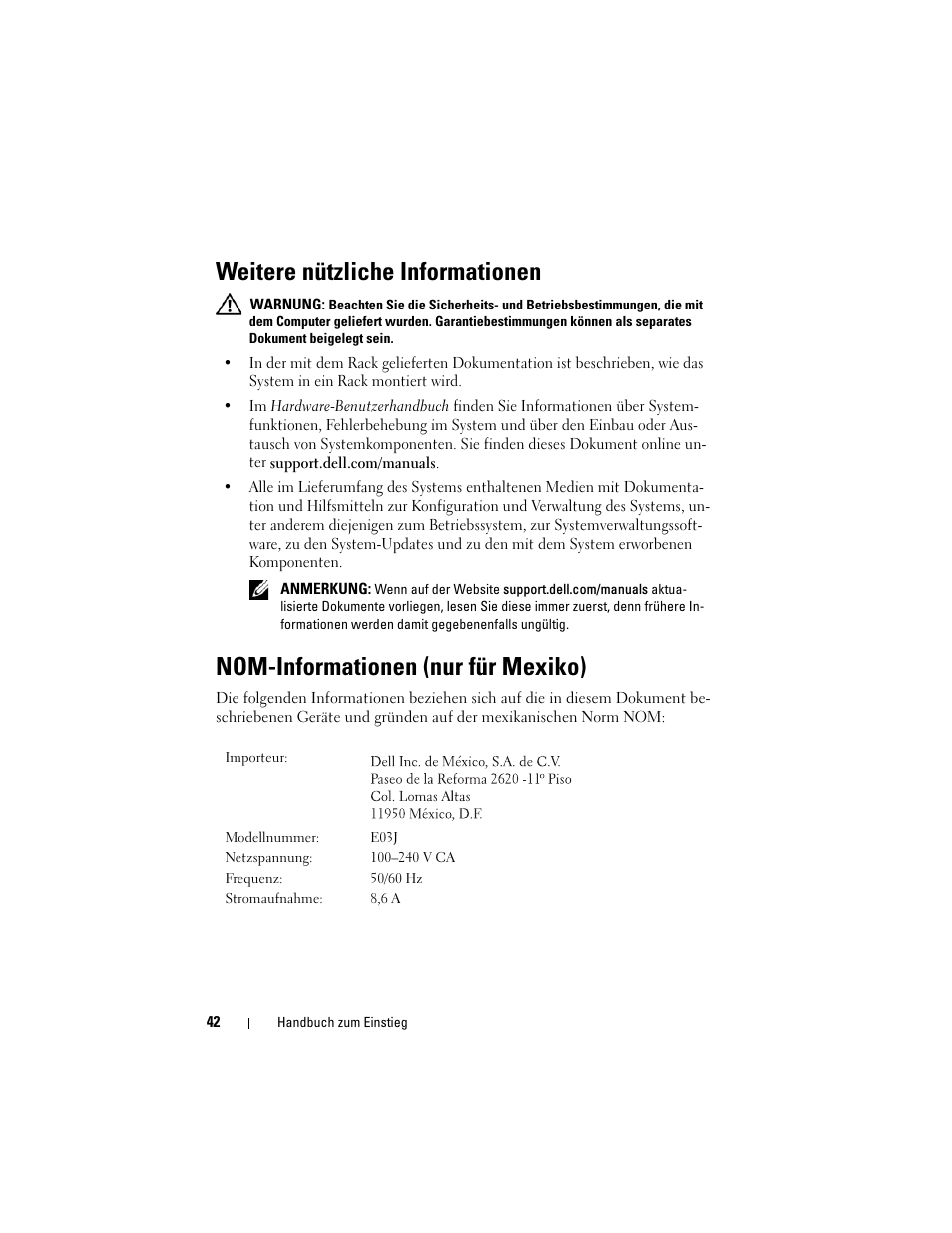 Weitere nützliche informationen, Nom-informationen (nur für mexiko) | Dell PowerVault MD1200 User Manual | Page 44 / 124