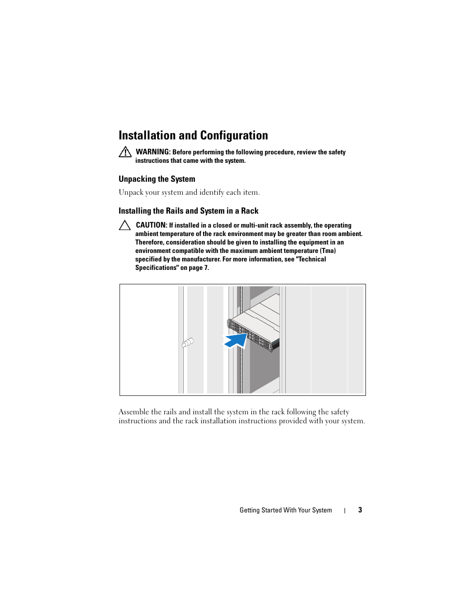 Installation and configuration, Unpacking the system, Installing the rails and system in a rack | Dell PowerVault MD1200 User Manual | Page 5 / 124