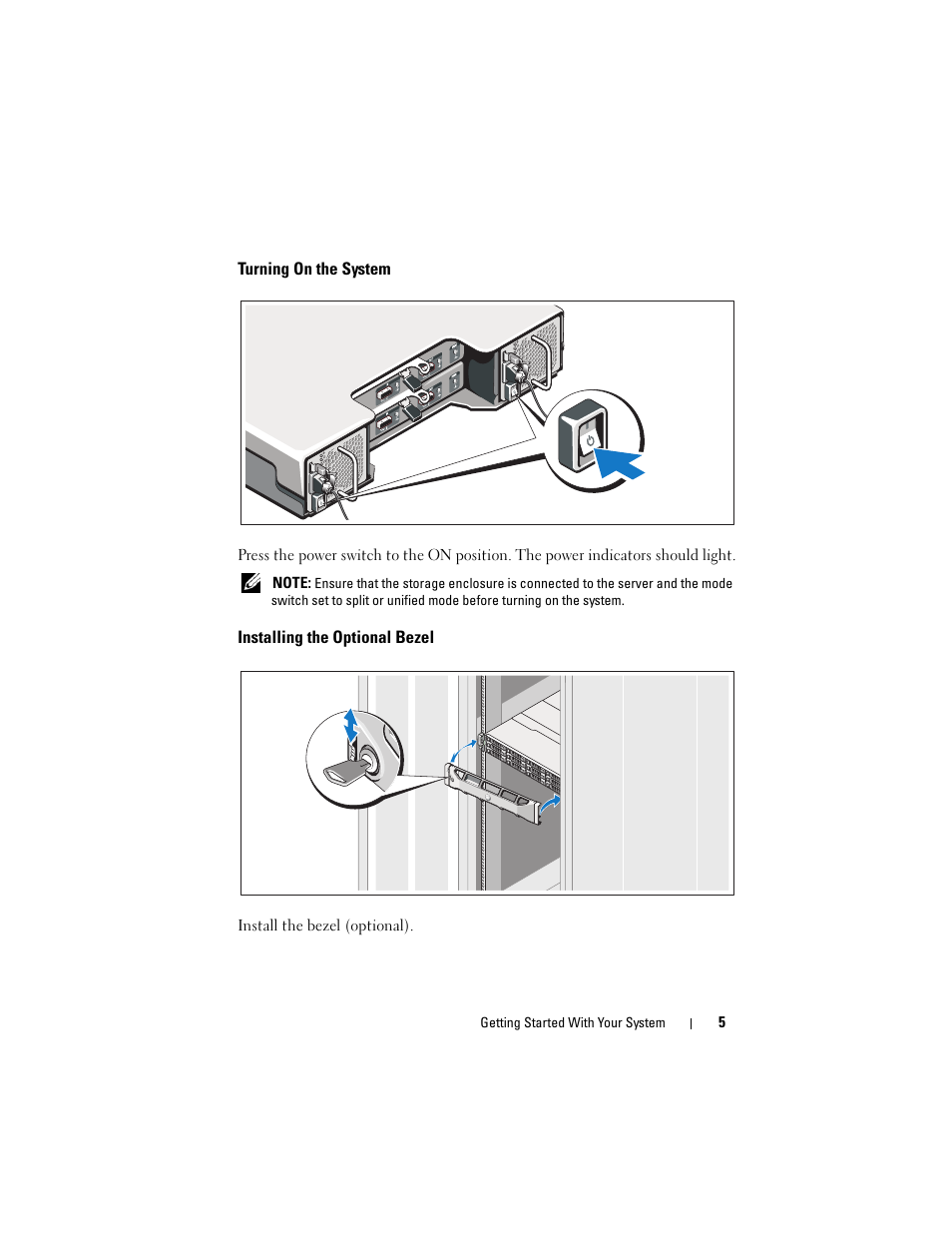 Turning on the system, Installing the optional bezel | Dell PowerVault MD1200 User Manual | Page 7 / 124