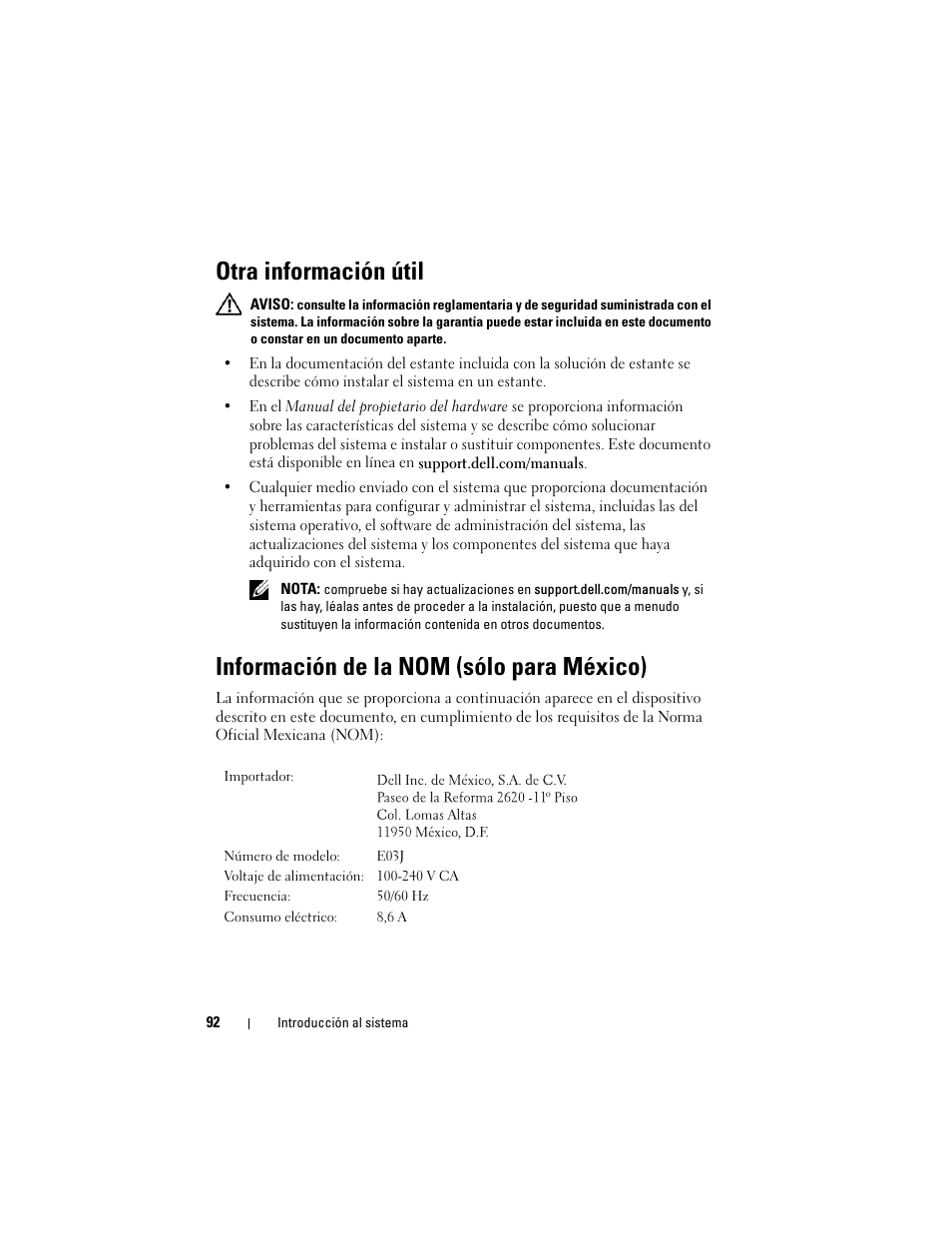 Otra información útil, Información de la nom (sólo para méxico) | Dell PowerVault MD1200 User Manual | Page 94 / 124