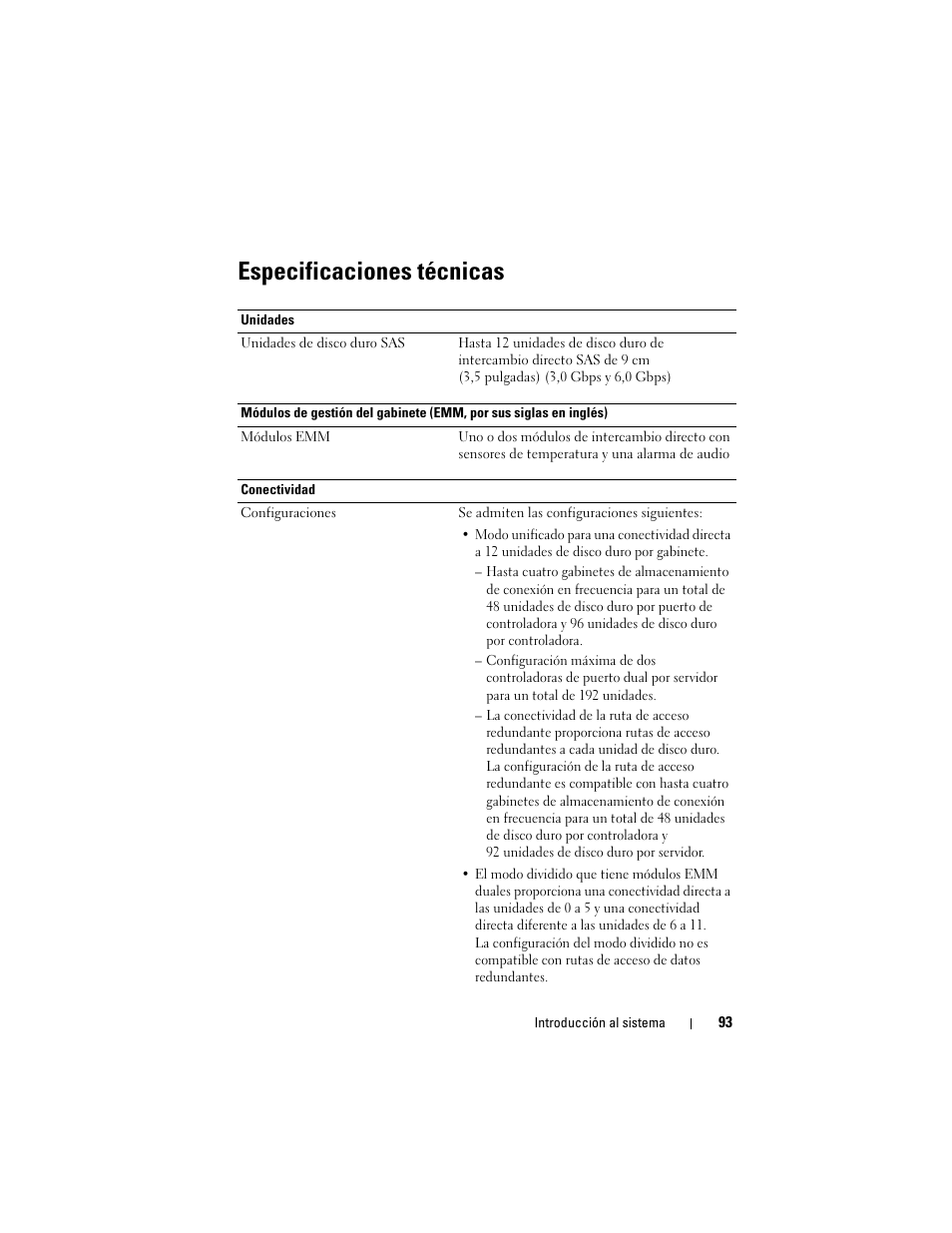 Especificaciones técnicas | Dell PowerVault MD1200 User Manual | Page 95 / 124