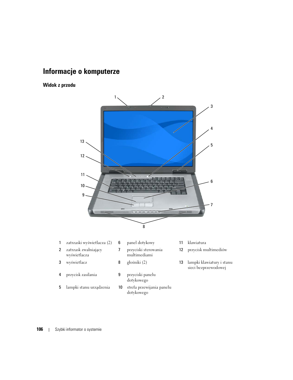 Informacje o komputerze, Widok z przodu | Dell Precision M90 User Manual | Page 106 / 192