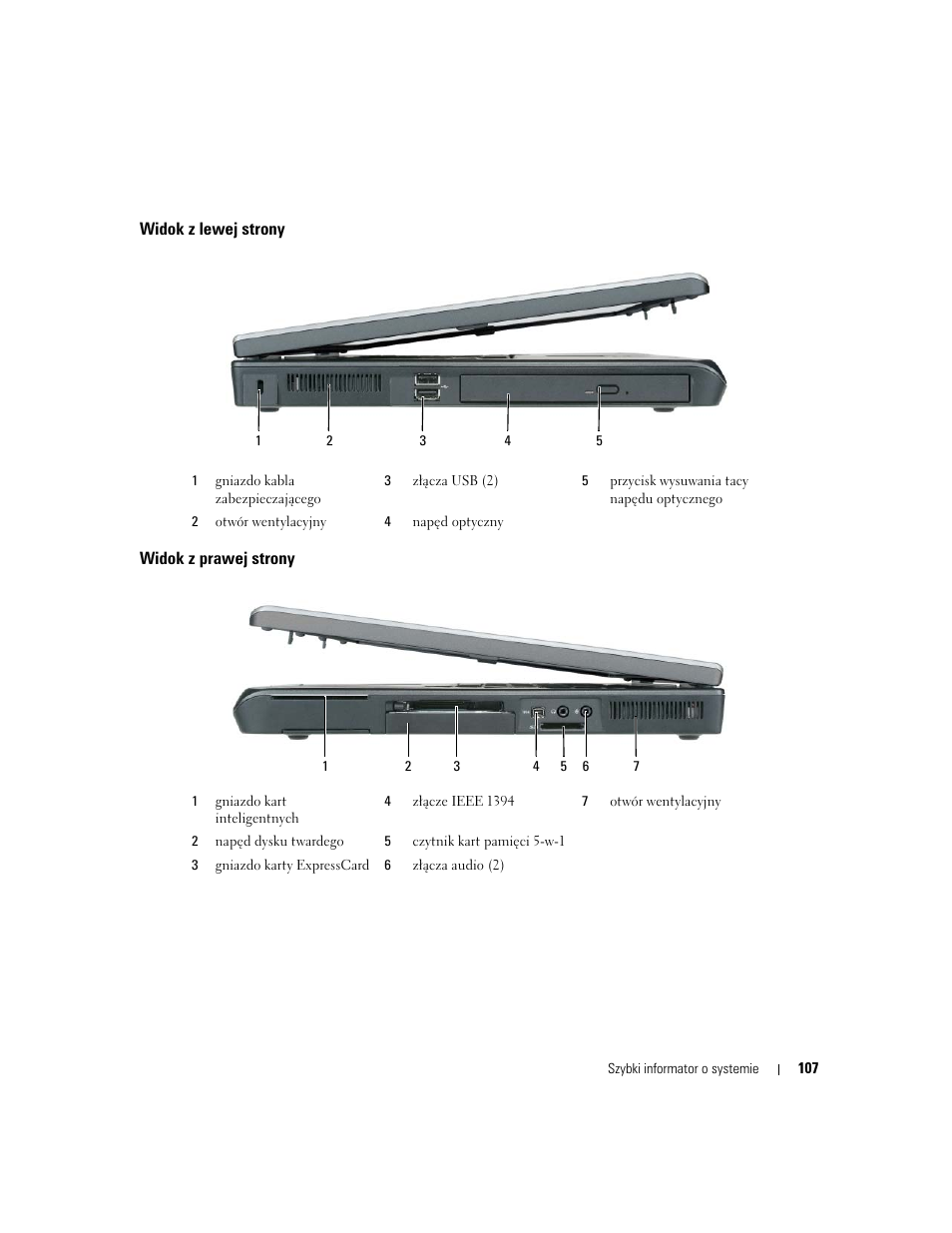 Widok z lewej strony, Widok z prawej strony | Dell Precision M90 User Manual | Page 107 / 192