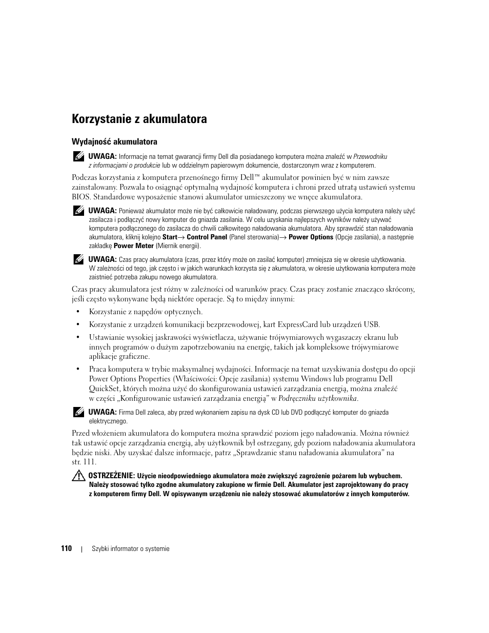 Korzystanie z akumulatora, Wydajność akumulatora | Dell Precision M90 User Manual | Page 110 / 192