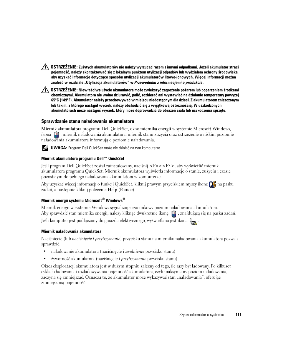 Sprawdzanie stanu naładowania akumulatora | Dell Precision M90 User Manual | Page 111 / 192