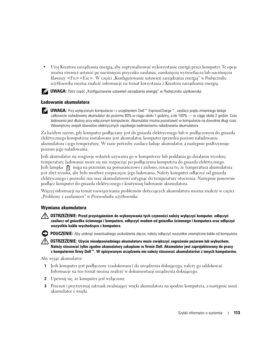 Ładowanie akumulatora, Wymiana akumulatora | Dell Precision M90 User Manual | Page 113 / 192