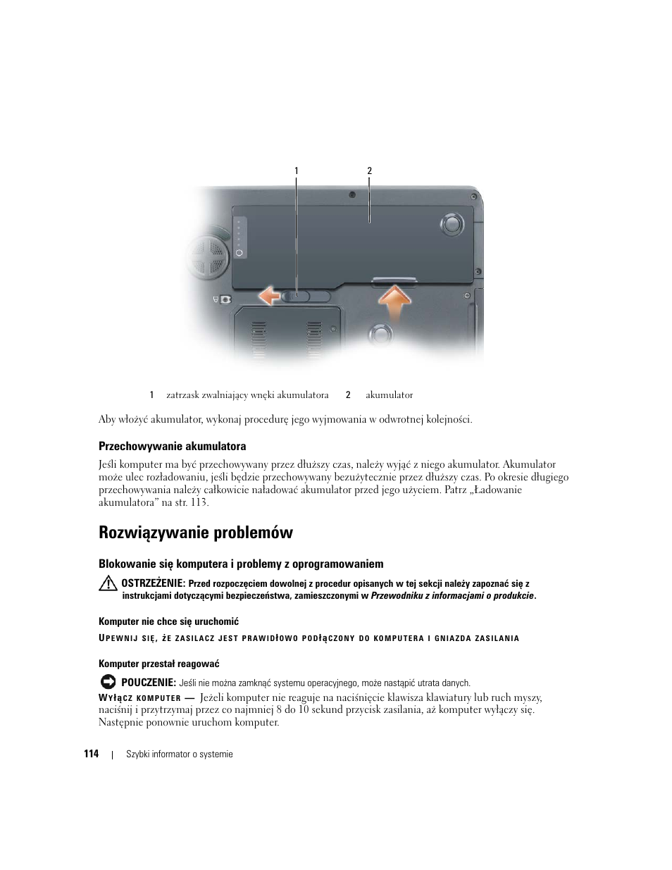 Przechowywanie akumulatora, Rozwiązywanie problemów | Dell Precision M90 User Manual | Page 114 / 192