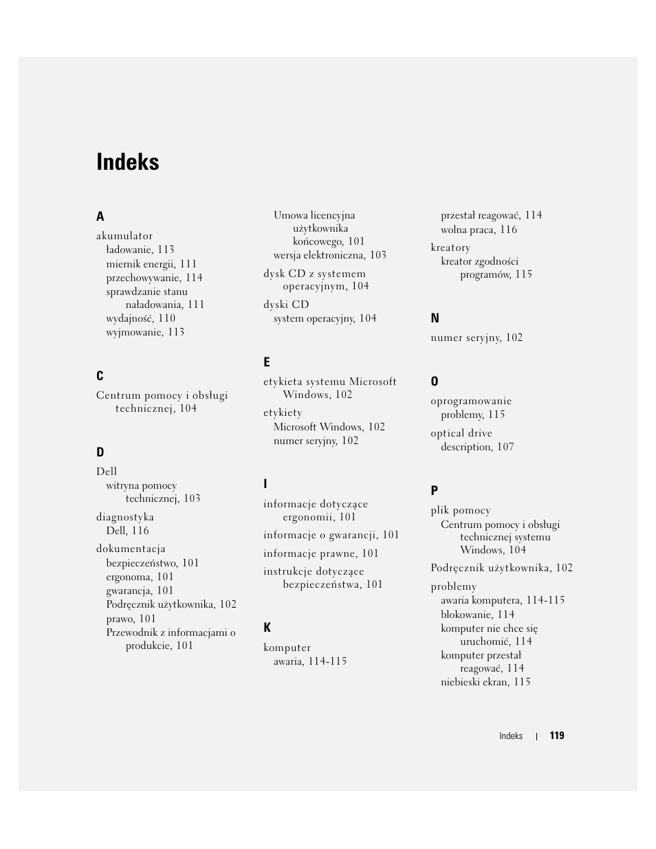 Indeks | Dell Precision M90 User Manual | Page 119 / 192