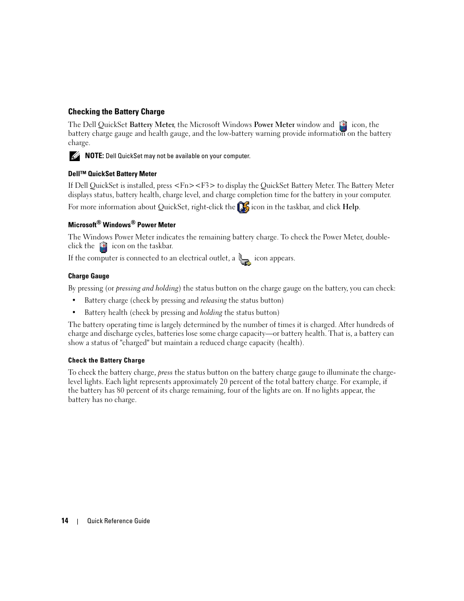 Checking the battery charge | Dell Precision M90 User Manual | Page 14 / 192