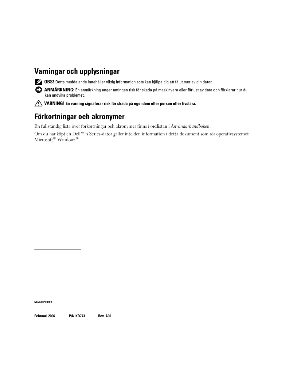 Varningar och upplysningar, Förkortningar och akronymer | Dell Precision M90 User Manual | Page 146 / 192
