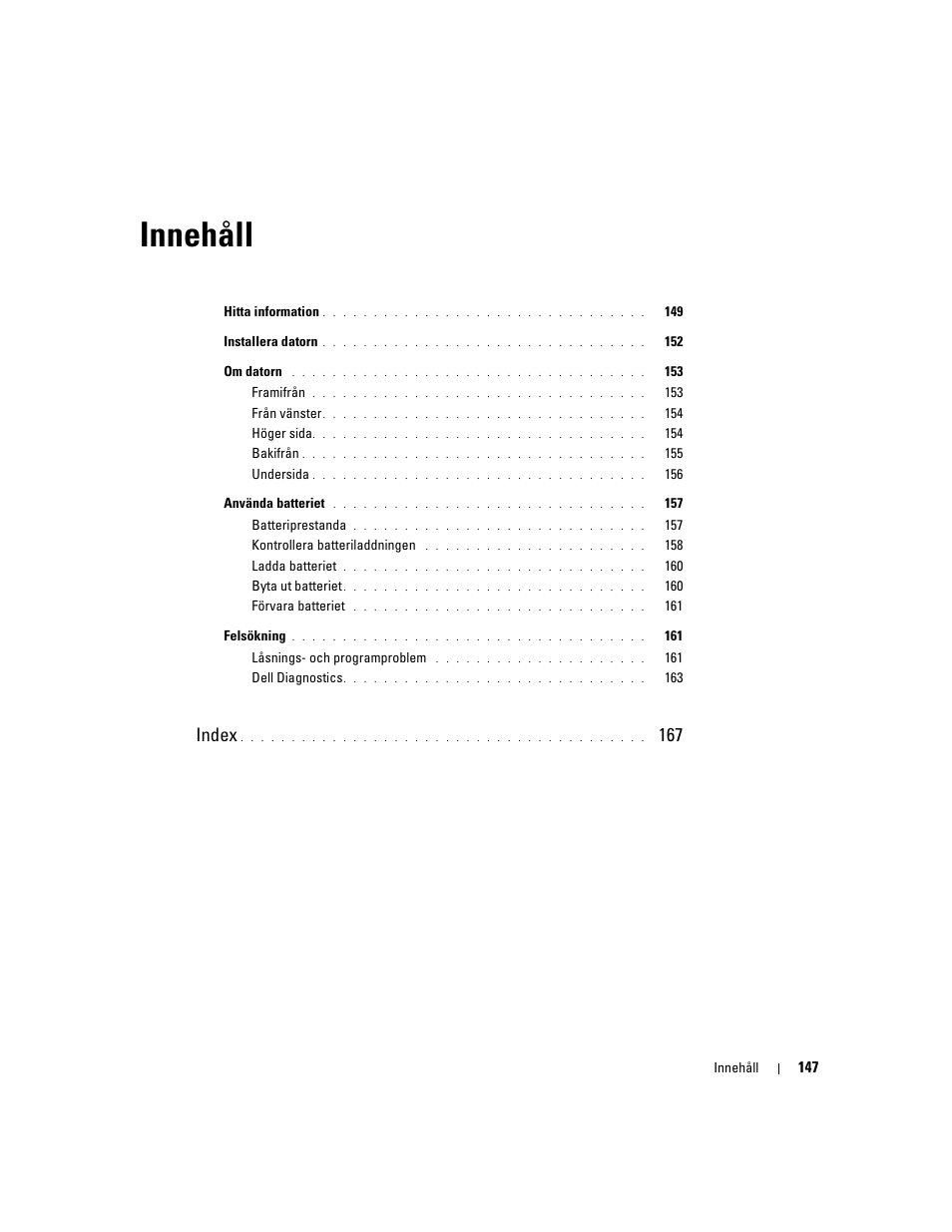 Innehåll, Index | Dell Precision M90 User Manual | Page 147 / 192