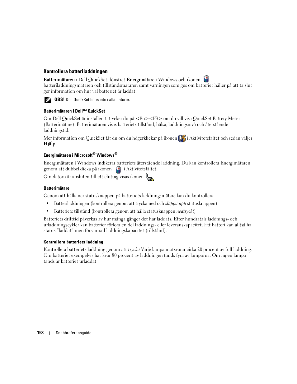 Kontrollera batteriladdningen | Dell Precision M90 User Manual | Page 158 / 192