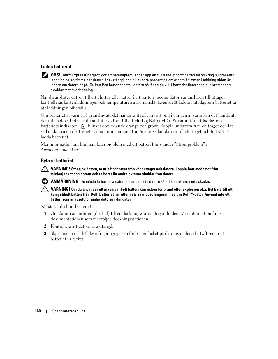 Ladda batteriet, Byta ut batteriet | Dell Precision M90 User Manual | Page 160 / 192