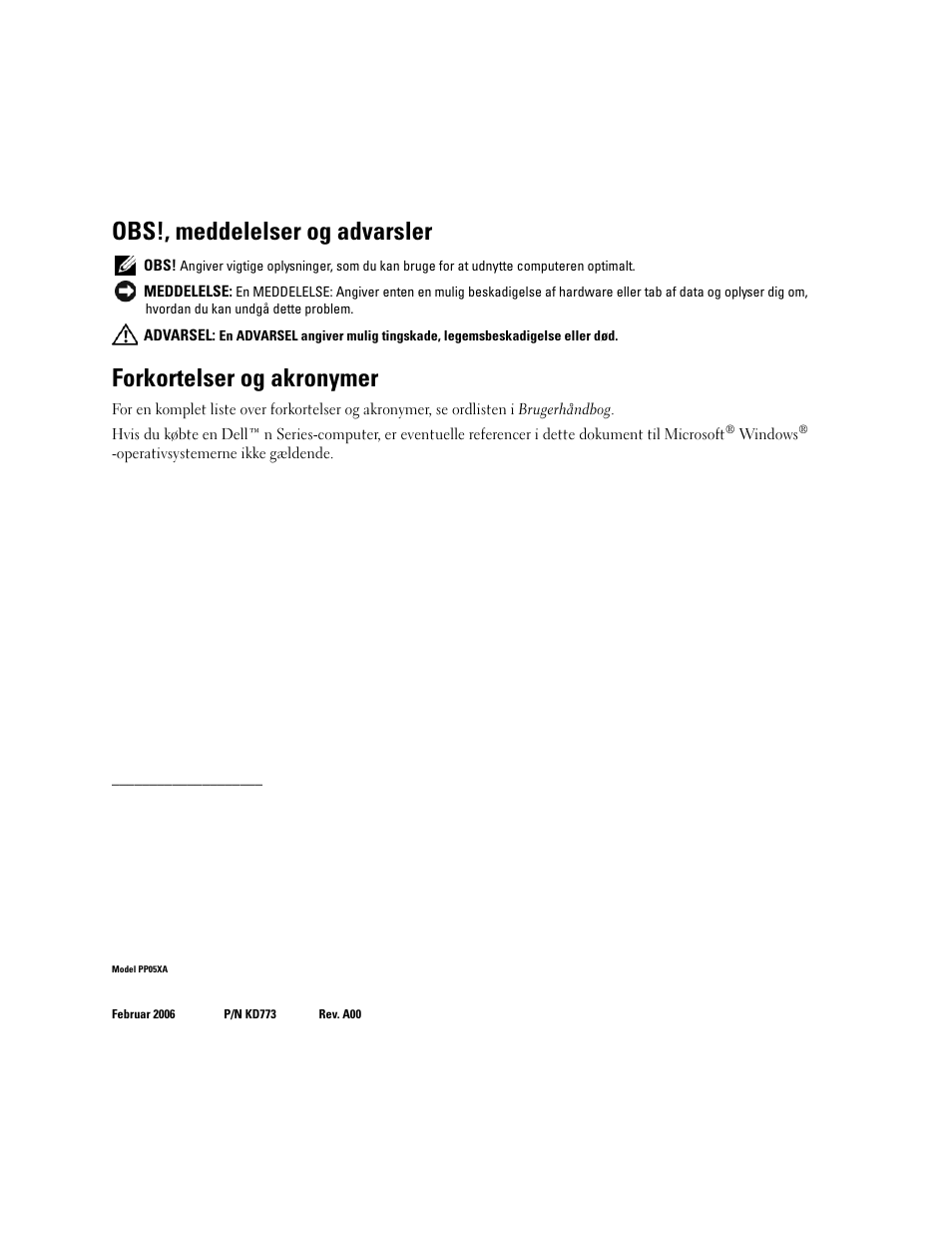 Obs!, meddelelser og advarsler, Forkortelser og akronymer | Dell Precision M90 User Manual | Page 26 / 192