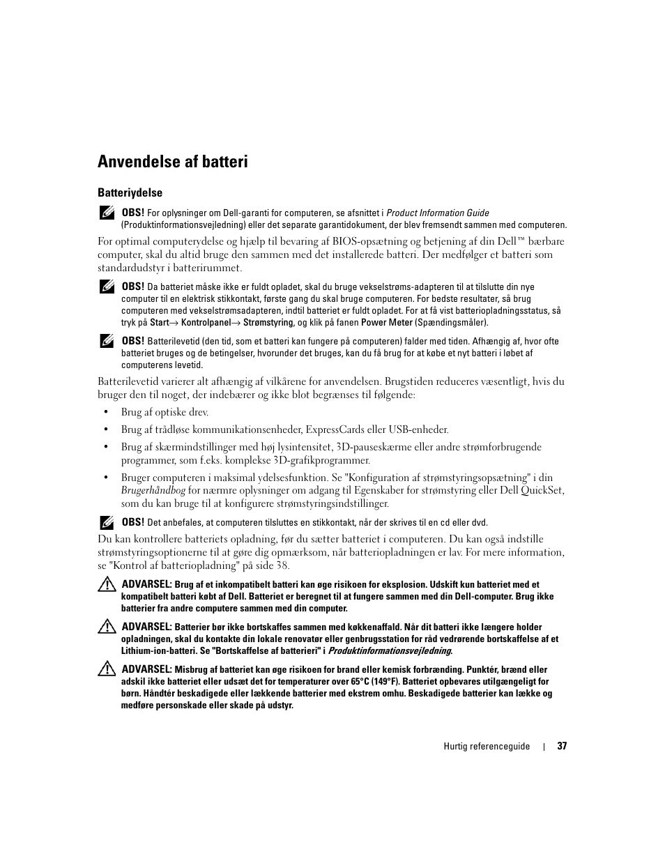 Anvendelse af batteri, Batteriydelse | Dell Precision M90 User Manual | Page 37 / 192