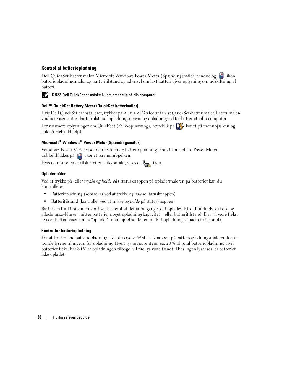 Kontrol af batteriopladning | Dell Precision M90 User Manual | Page 38 / 192