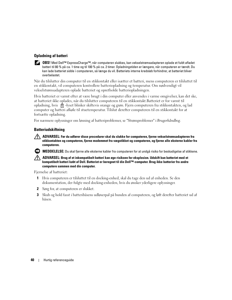 Opladning af batteri, Batteriudskiftning | Dell Precision M90 User Manual | Page 40 / 192