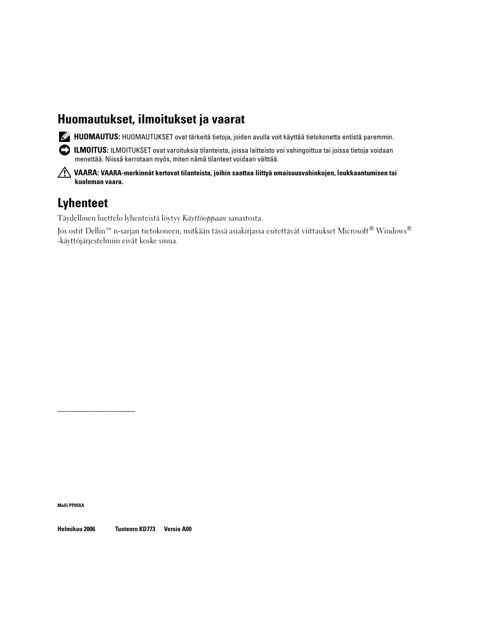 Huomautukset, ilmoitukset ja vaarat, Lyhenteet | Dell Precision M90 User Manual | Page 50 / 192