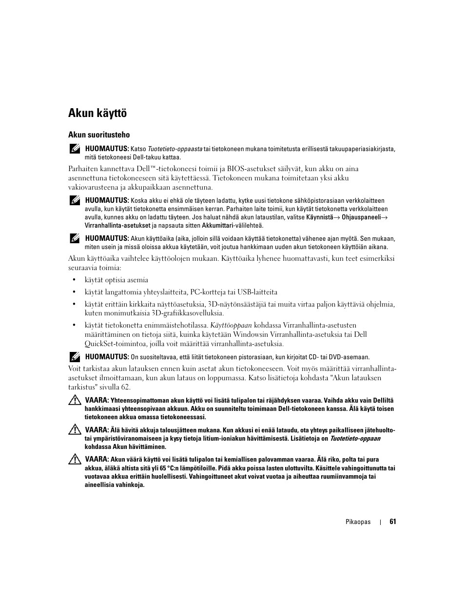 Akun käyttö, Akun suoritusteho | Dell Precision M90 User Manual | Page 61 / 192