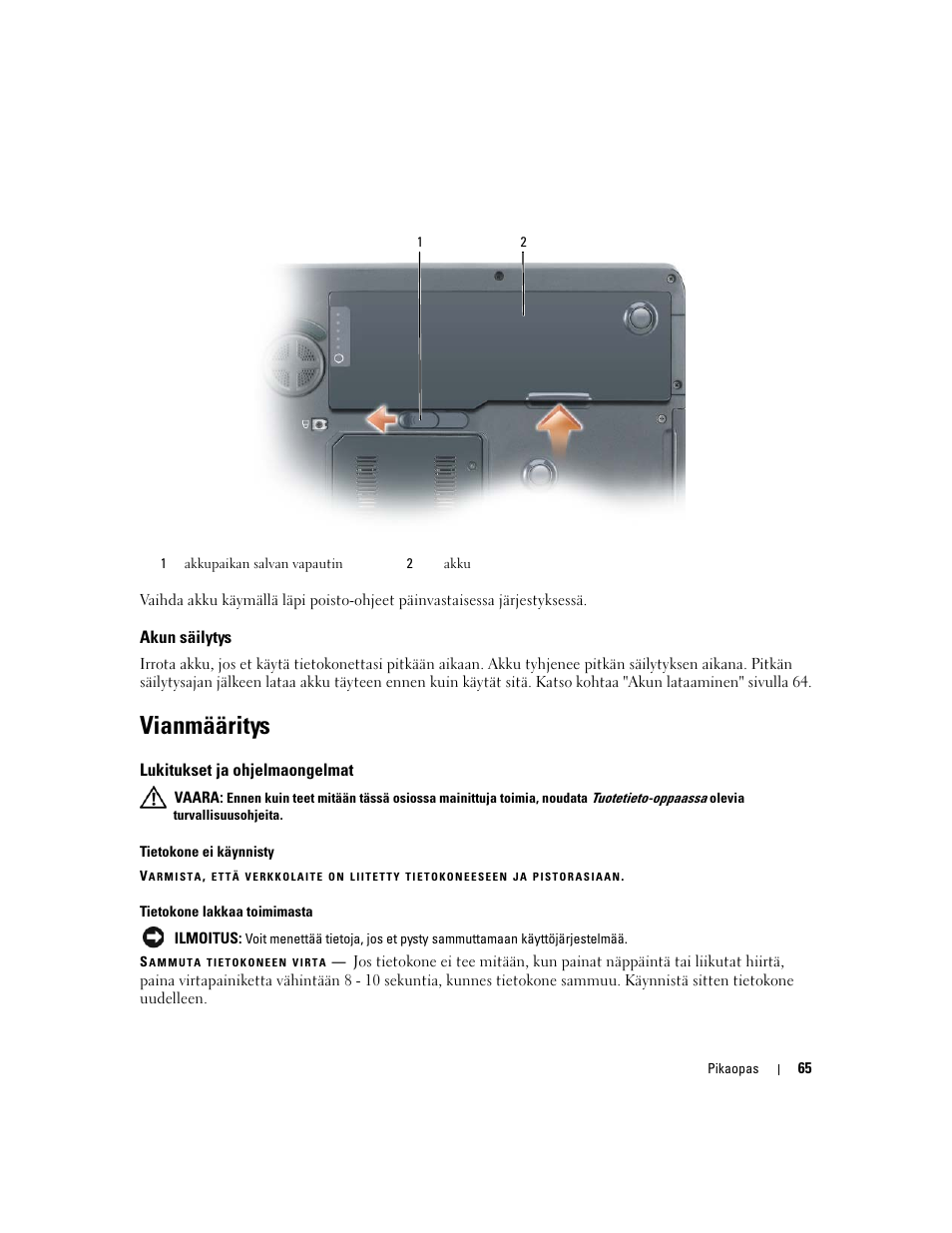 Akun säilytys, Vianmääritys, Lukitukset ja ohjelmaongelmat | Dell Precision M90 User Manual | Page 65 / 192