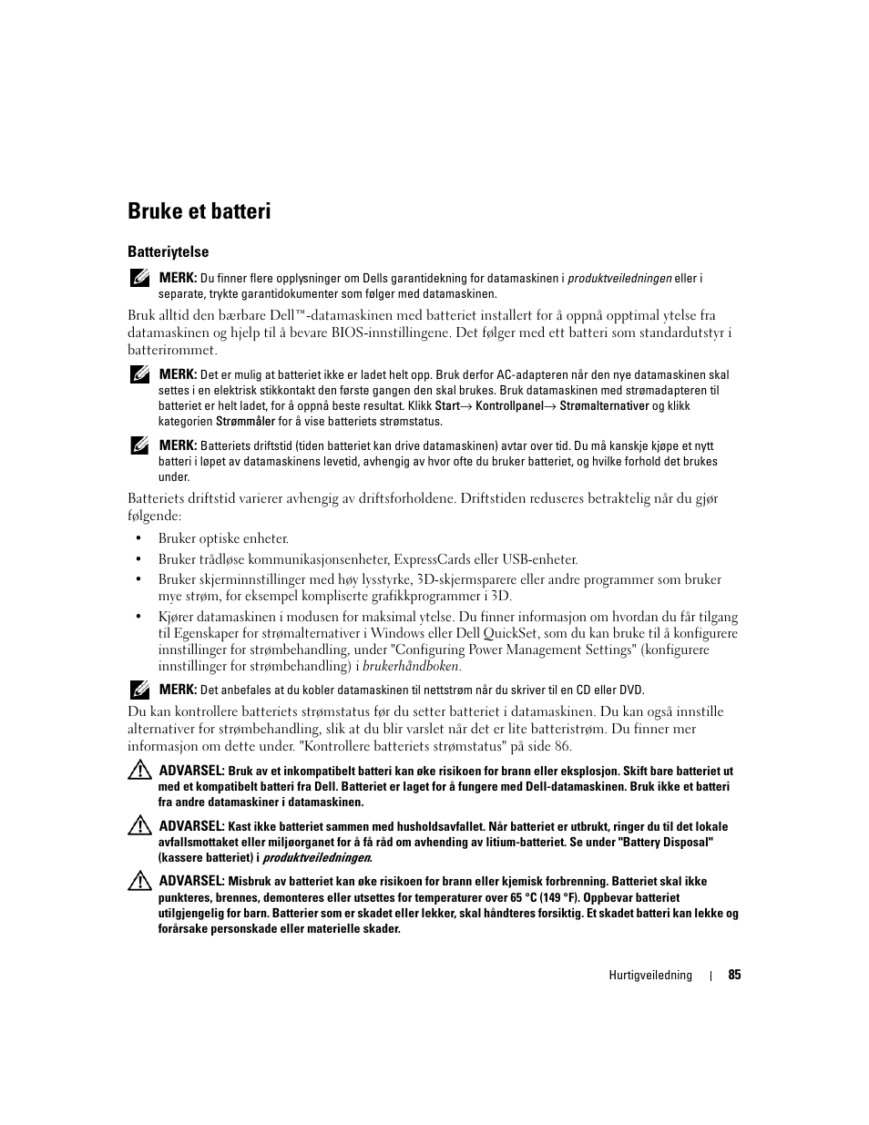 Bruke et batteri, Batteriytelse | Dell Precision M90 User Manual | Page 85 / 192