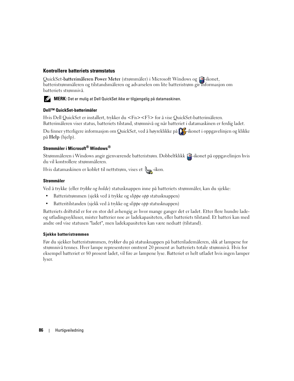 Kontrollere batteriets strømstatus | Dell Precision M90 User Manual | Page 86 / 192