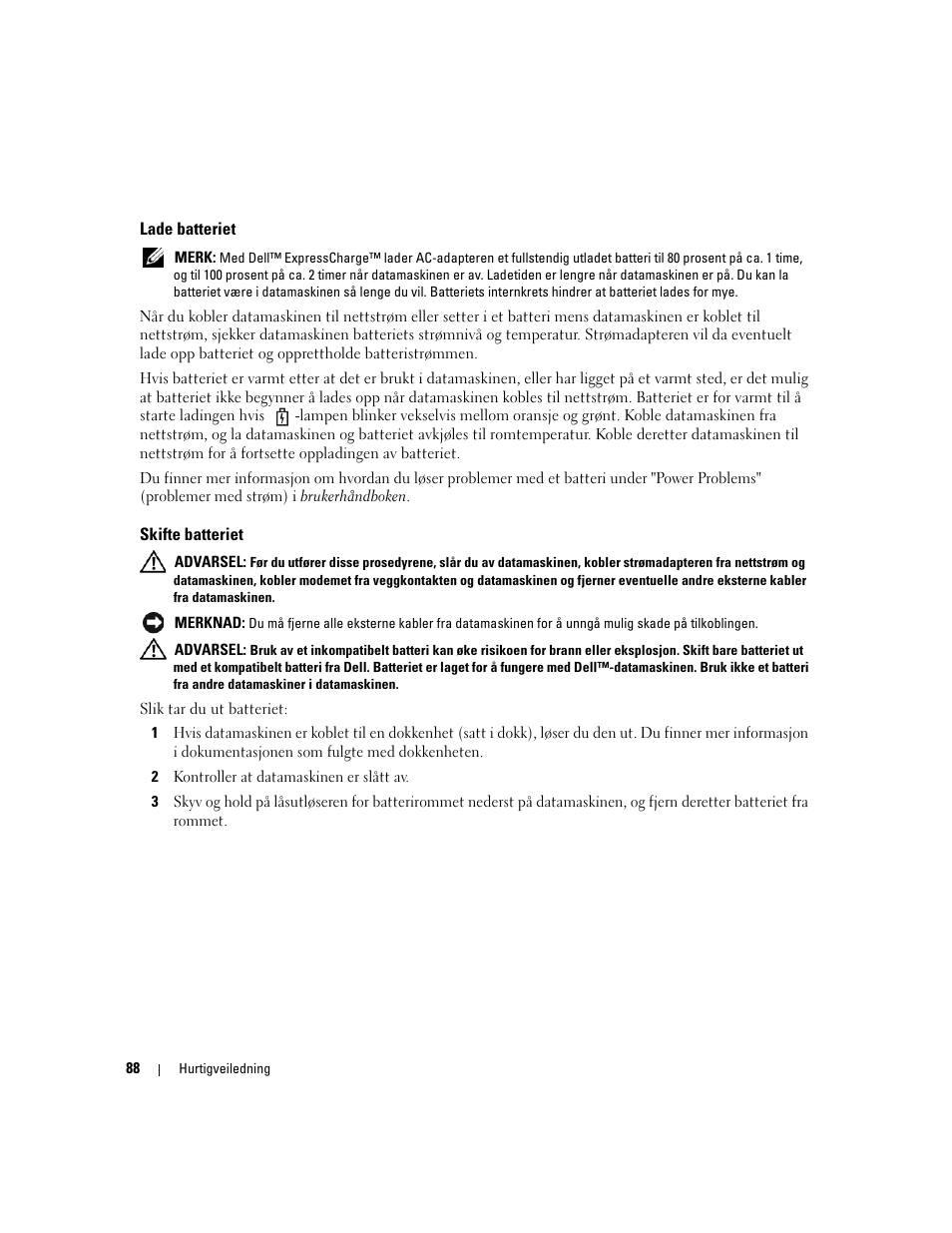 Lade batteriet, Skifte batteriet | Dell Precision M90 User Manual | Page 88 / 192