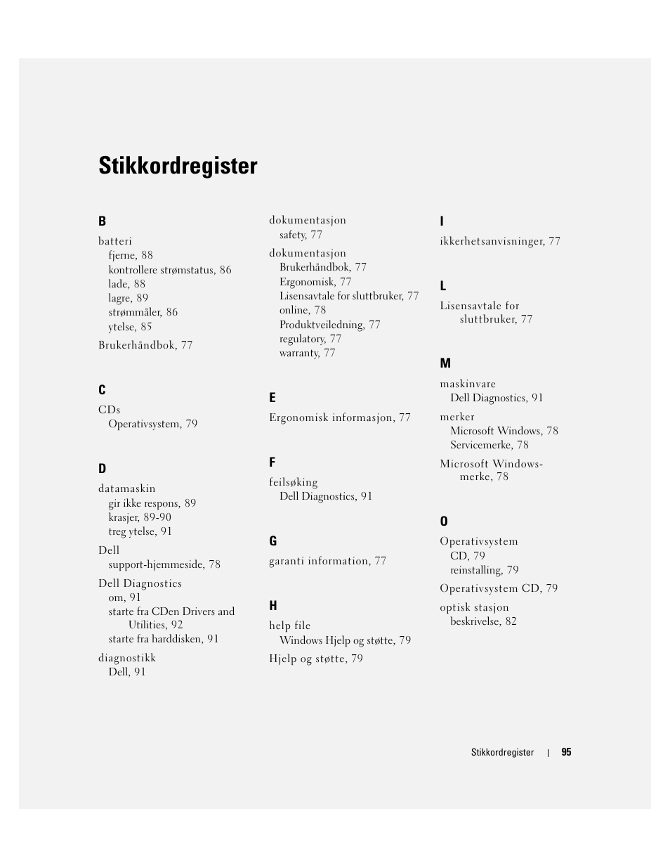 Stikkordregister | Dell Precision M90 User Manual | Page 95 / 192