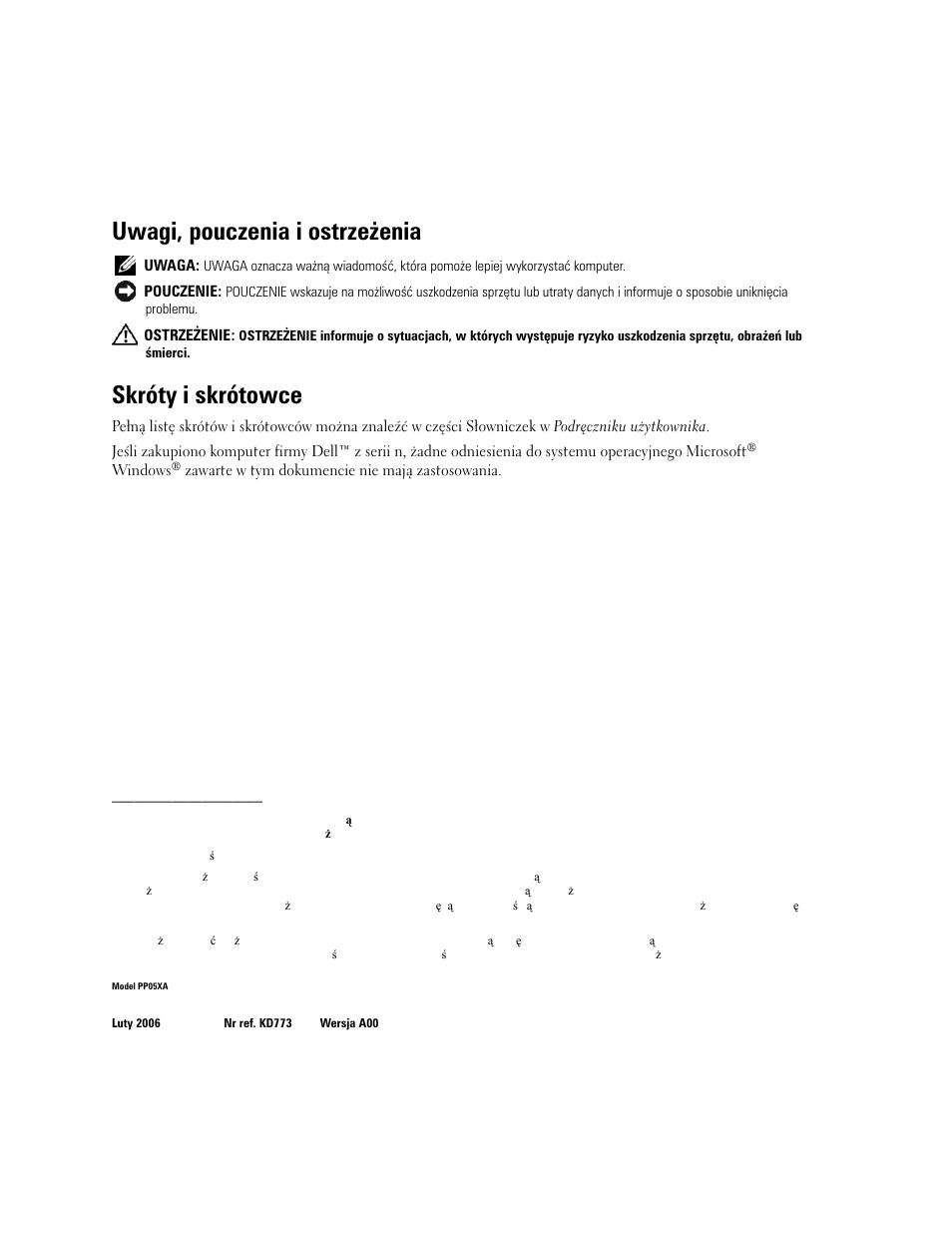 Uwagi, pouczenia i ostrzeżenia, Skróty i skrótowce | Dell Precision M90 User Manual | Page 98 / 192