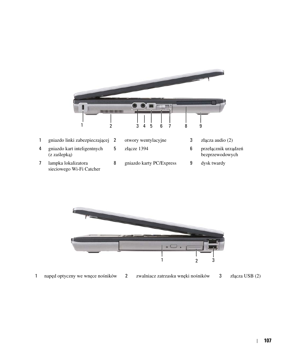 Widok z lewej strony, Widok z prawej strony, Widok z lewej strony widok z prawej strony | Dell Latitude D630 User Manual | Page 107 / 168