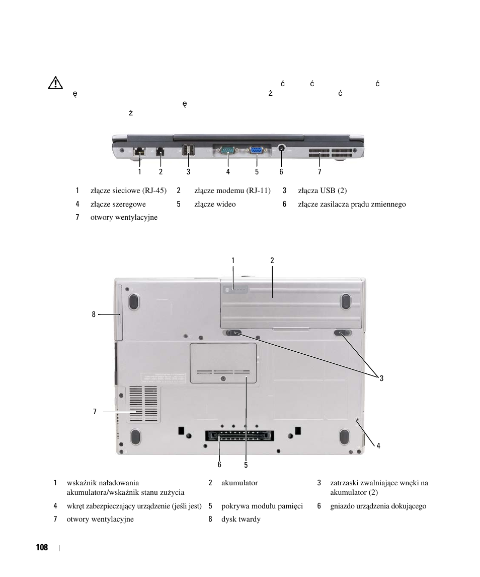 Widok z tyłu, Widok z dołu | Dell Latitude D630 User Manual | Page 108 / 168