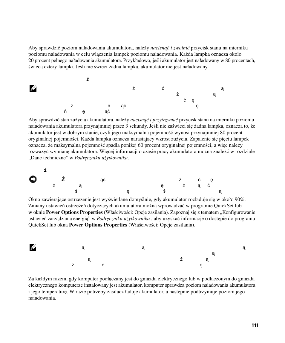 Ładowanie akumulatora | Dell Latitude D630 User Manual | Page 111 / 168