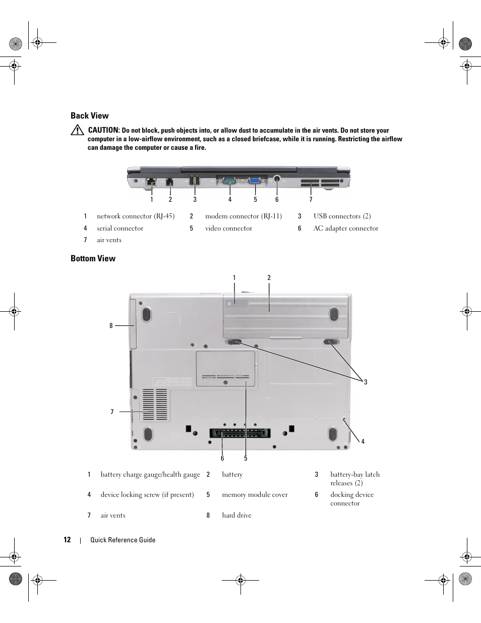 Back view, Bottom view | Dell Latitude D630 User Manual | Page 12 / 168