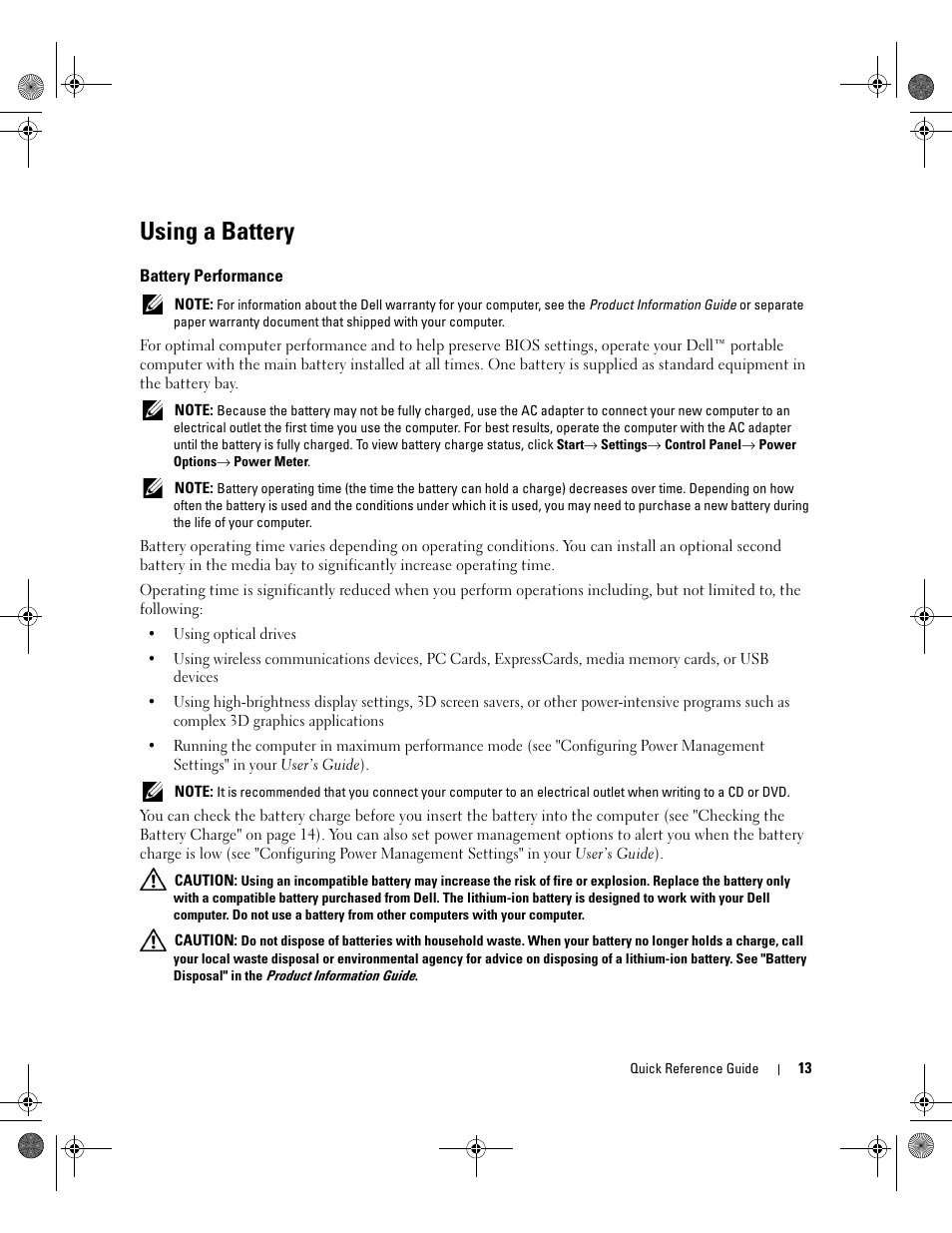 Using a battery, Battery performance | Dell Latitude D630 User Manual | Page 13 / 168