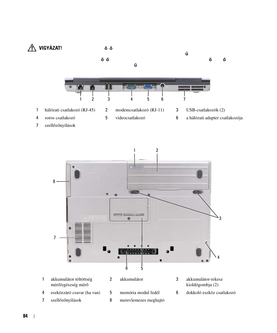 Hátulnézet, Alulnézet | Dell Latitude D630 User Manual | Page 84 / 168