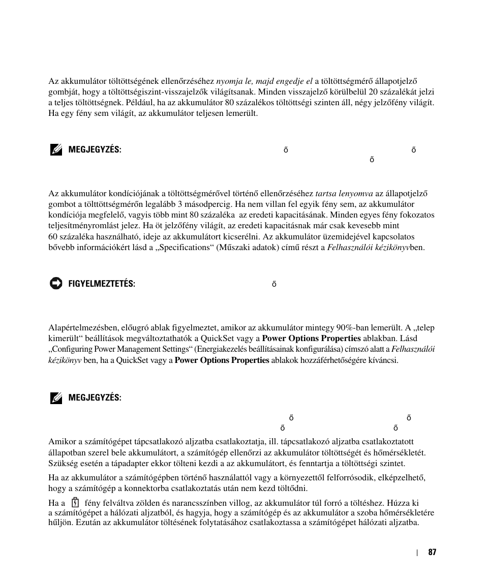 Az akkumulátor töltése | Dell Latitude D630 User Manual | Page 87 / 168