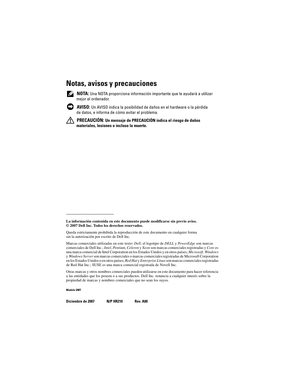 Notas, avisos y precauciones | Dell PowerEdge R300 User Manual | Page 112 / 138
