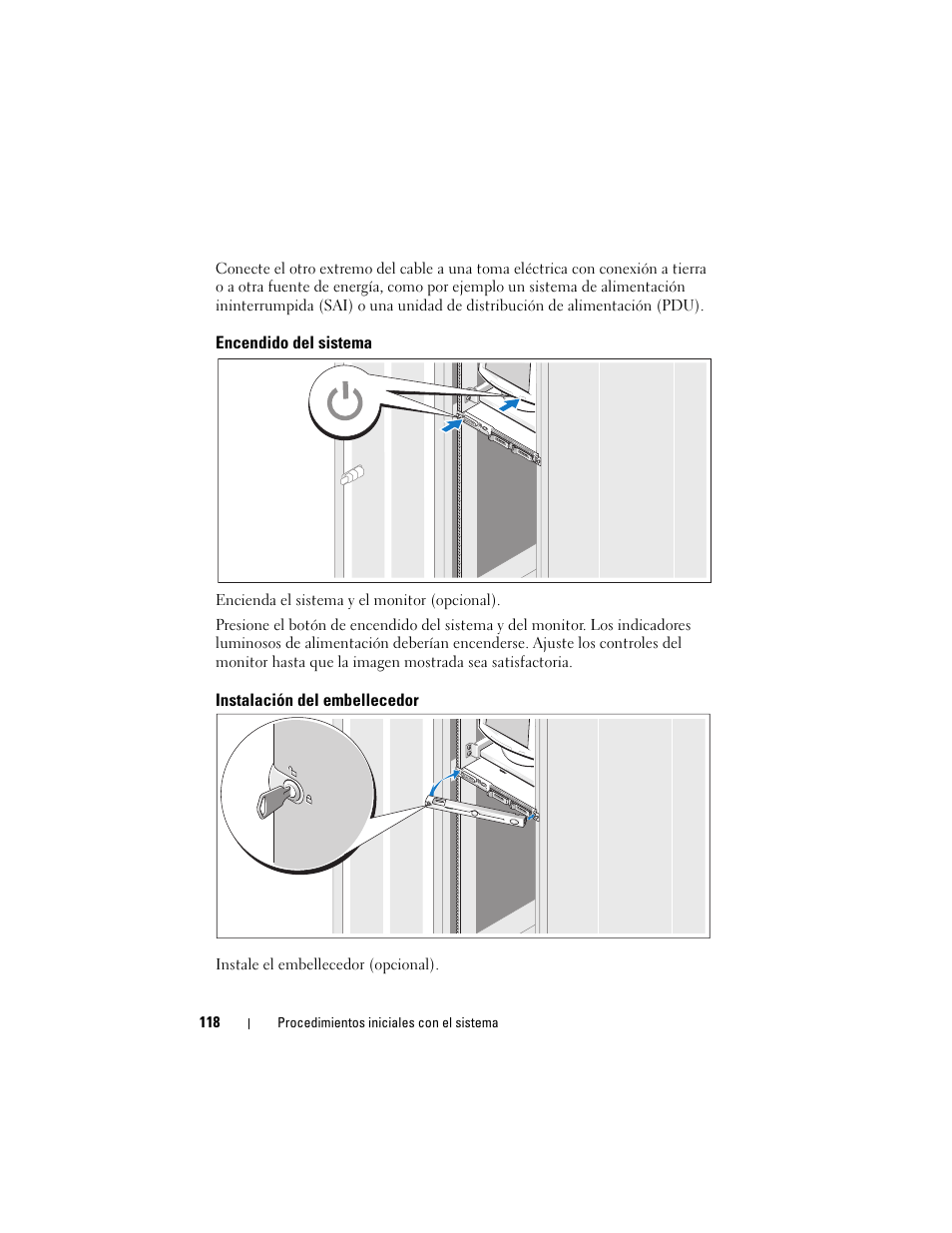 Encendido del sistema, Instalación del embellecedor | Dell PowerEdge R300 User Manual | Page 120 / 138