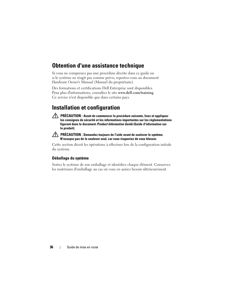 Obtention d'une assistance technique, Installation et configuration, Déballage du système | Dell PowerEdge R300 User Manual | Page 38 / 138