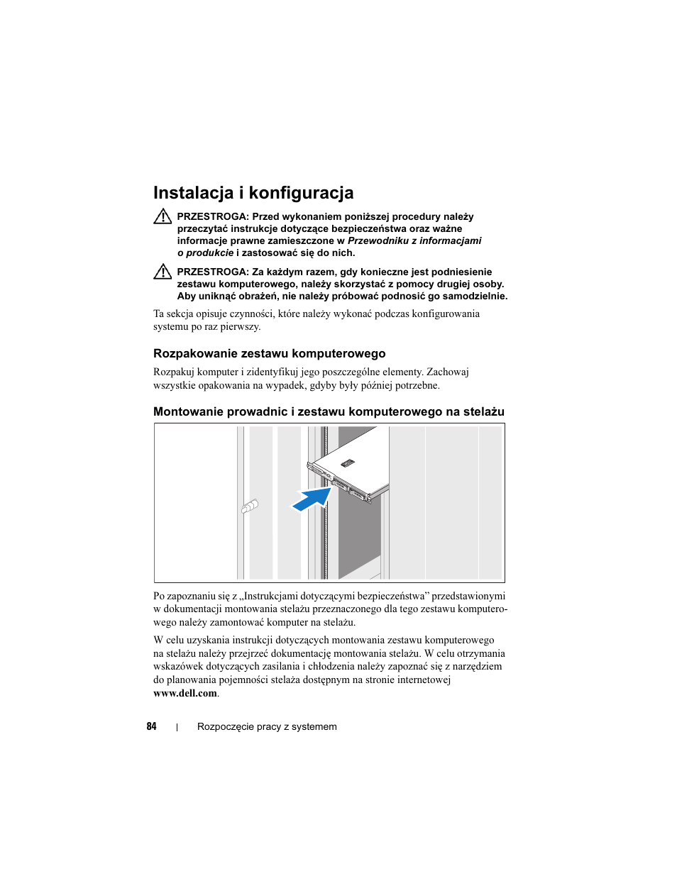 Instalacja i konfiguracja, Rozpakowanie zestawu komputerowego | Dell PowerEdge R300 User Manual | Page 86 / 138